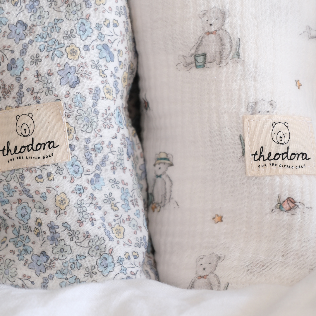 Muselina flores azules + osos (2pack)