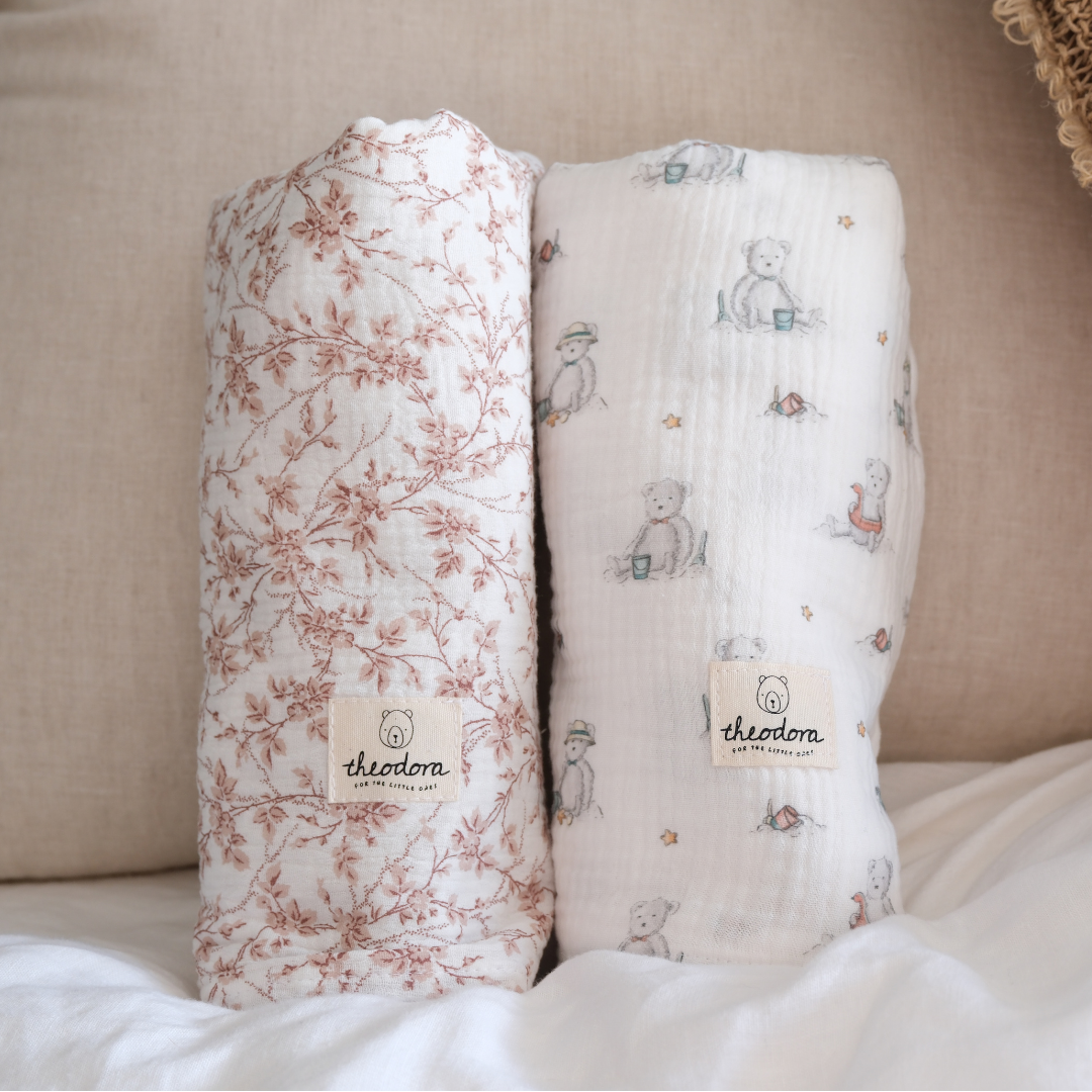 Muselina osos + flores rosas (2pack)