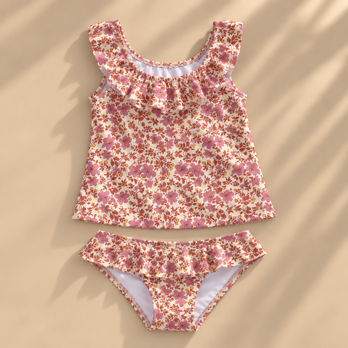 traje de baño 2 piezas flores rojas y rosas